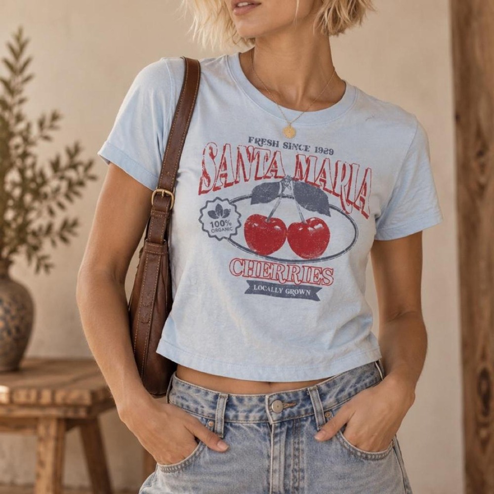 Santa Maria Cherries Graphic Baby Tee Light Blue Cropped Short Sleeve Shirt